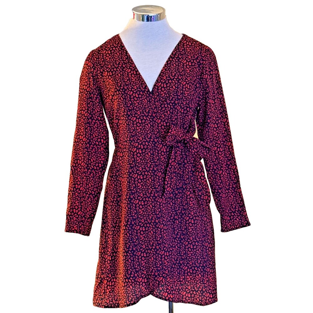 SKIES ARE BLUE S Red Animal Print Long Sleeve Wrap Dress Romantic Event Preppy